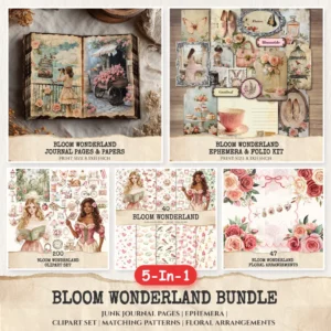 Bloom Wonderland Mega Bundle – Dreamy Floral Printables, Ephemera, Journal, Rose Pink PNG Clipart, Seamless Pattern, Digital Download