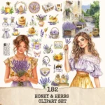 Honey and Herbs Clipart Set – Lavender Herb Illustrations, Honey Pot Graphics, Rustic Recipe, Rosemary PNG Clipart, Digital download