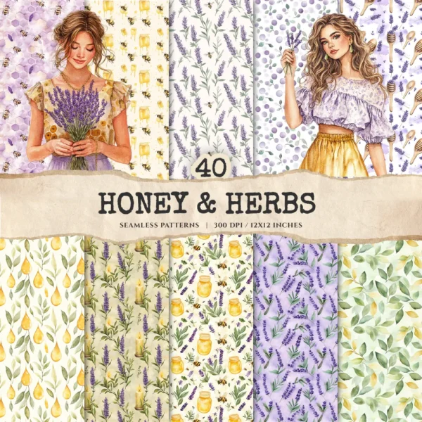 Honey and Herbs Seamless Patterns, Lavender Herb JPEG, Honey Pot, Bee Pattern, Herbal, Lavender Repeating Pattern, Digital Scrapbook Paper