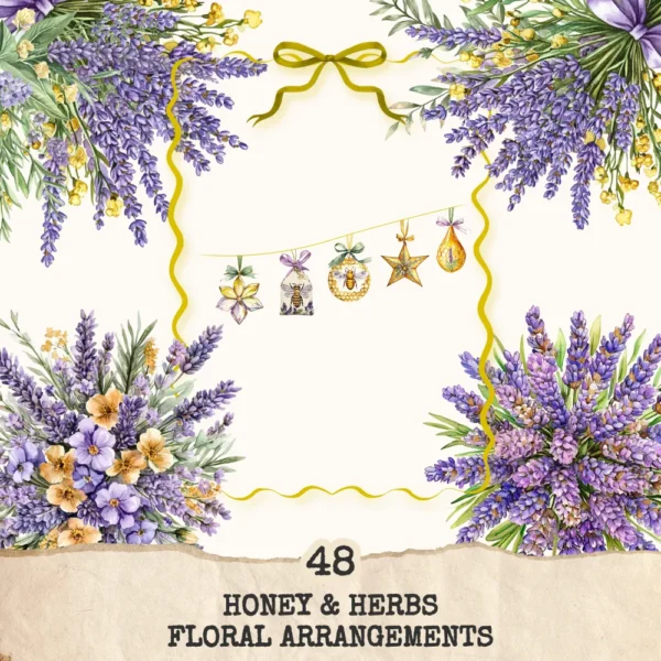 Honey and Herbs Floral Arrangements, Lavender Floral PNG, Lavender Bouquet, Herbal Floral Art, Floral Decor, Ornaments, Digital download