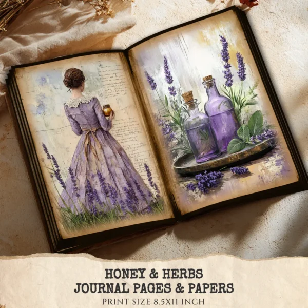 Honey and Herbs Junk Journal Pages & Papers – Lavender Herb, Honey Pot Printable, Honeycomb, Rustic Recipe Scrapbook, Digital Download