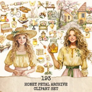 Honey Petal Archive Clipart Set – Vintage Botanical Illustrations, Antique Floral Graphics, Springtime, Spring Peony, Digital download