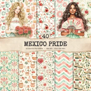 Mexico Pride Seamless Patterns, Mexican Tile JPEG, Sombrero Pattern, Guitar, Sombrero, Cactus Repeating Pattern, Digital Scrapbook Paper
