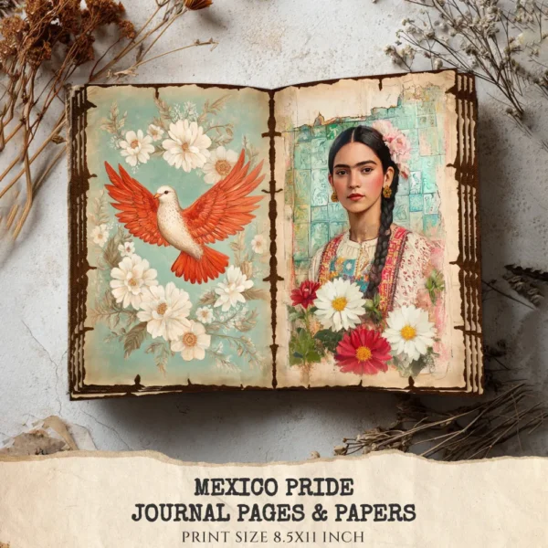 Mexico Pride Junk Journal Pages & Papers – Sombrero, Mexican Floral Printable, Fiesta, Cactus, Patriotic Scrapbook, Digital Download