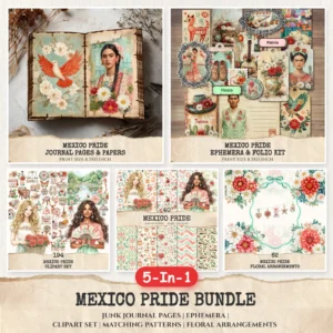 Mexico Pride Mega Bundle – Patriotic Sombrero Printables, Ephemera, Journal, Mexican Floral PNG Clipart, Seamless Pattern, Digital Download