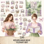 Wildflower Nook Clipart Set – Cozy Reading Illustrations, Books and Candles Graphics, Wildflower PNG, Bookworm, Cottagecore,Digital download