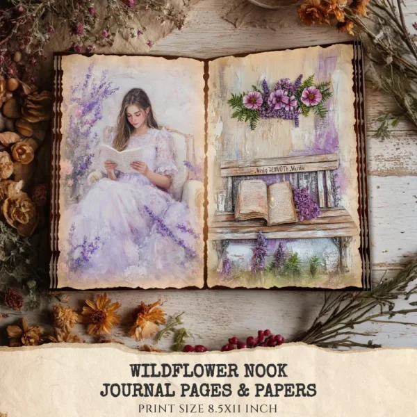Wildflower Nook Junk Journal Pages & Papers – Books and Candles, Cozy Reading Printable, Wildflower Scrapbook, Lavender, Digital Download