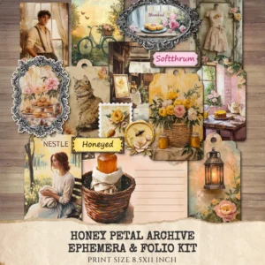 Honey Petal Archive Ephemera & Folio Kit – Vintage Botanical, Floral, Warm Farmhouse Printables, Antique Herb Tags, Kits, Digital Download