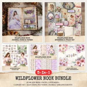 Wildflower Nook Mega Bundle – Cozy Reading Corner Printables, Ephemera, Journal, Books PNG Clipart, Seamless Pattern, Digital Download