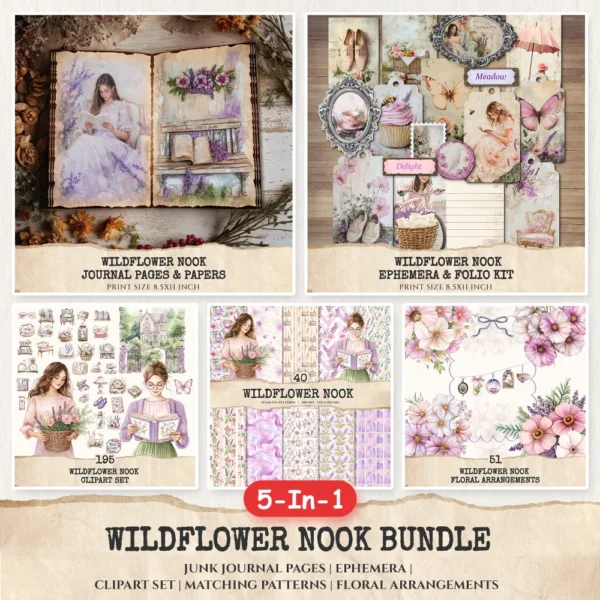 Wildflower Nook Mega Bundle – Cozy Reading Corner Printables, Ephemera, Journal, Books PNG Clipart, Seamless Pattern, Digital Download