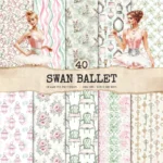 Swan Ballet Seamless Patterns, Pink Ballet JPEG, Peony Floral Pattern, Tutu, Polka, Pink Bow Repeating Pattern, Digital Scrapbook Paper