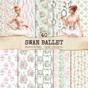 Swan Ballet Seamless Patterns, Pink Ballet JPEG, Peony Floral Pattern, Tutu, Polka, Pink Bow Repeating Pattern, Digital Scrapbook Paper