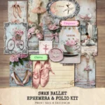 Swan Ballet Ephemera & Folio Kit – Pink Ballet Dancer, Stage Party Printables, Swan, Peony, Vintage, Floral Tags, Kits, Digital Download