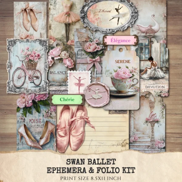 Swan Ballet Ephemera & Folio Kit – Pink Ballet Dancer, Stage Party Printables, Swan, Peony, Vintage, Floral Tags, Kits, Digital Download