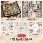 Swan Ballet Mega Bundle – Pink Ballet Dancer Printables, Ephemera, Journal, Stage Patry PNG Clipart, Seamless Pattern, Digital Download