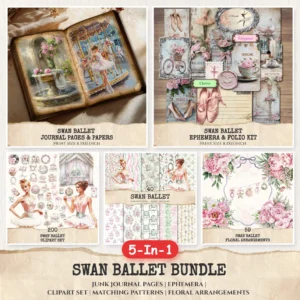 Swan Ballet Mega Bundle – Pink Ballet Dancer Printables, Ephemera, Journal, Stage Patry PNG Clipart, Seamless Pattern, Digital Download