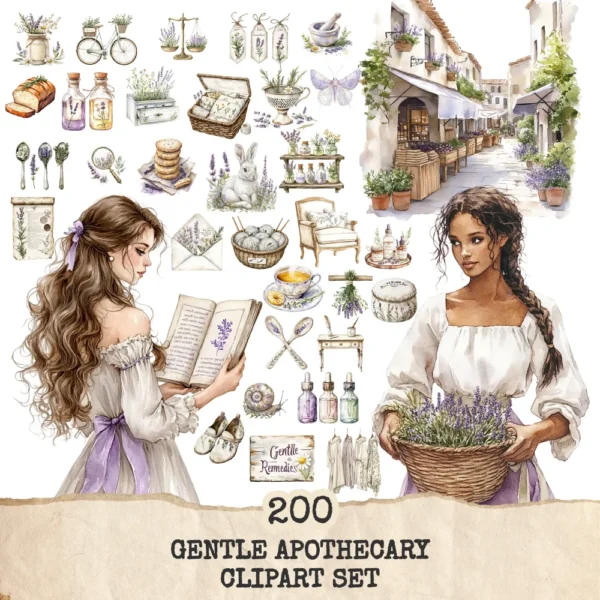 Gentle Apothecary Clipart Set – Vintage Herb Jars PNG Illustrations, Botanical Graphics, Lavender, Chamomile, Rosemary, Digital download