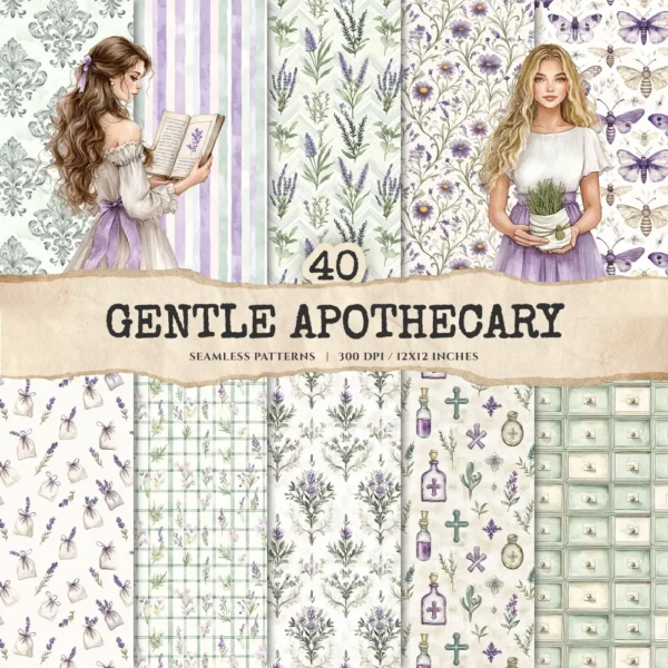 Gentle Apothecary Seamless Patterns, Herbal JPEG, Lavender Pattern, Chamomile, Rosemary, Botanical Repeating Pattern,Digital Scrapbook Paper
