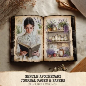 Gentle Apothecary Junk Journal Pages & Papers – Vintage Herb Jars, Botanical Printable, Lavender Scrapbook, Rosemary, Digital Download