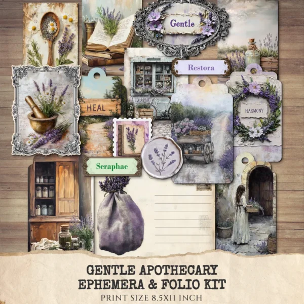 Gentle Apothecary Ephemera & Folio Kit – Vintage Herb Jars, Botanical Printables, Lavender, Chamomile, Herbal Tags, Kits, Digital Download