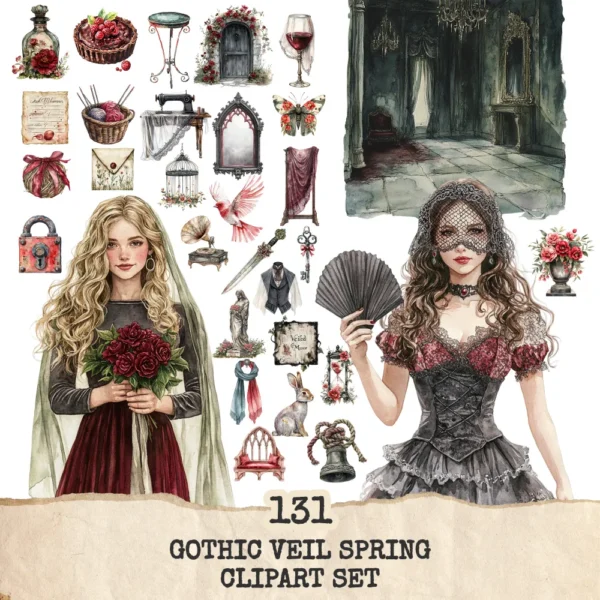 Gothic Veil Spring Clipart Set – Haunted Floral PNG Illustrations, Victorian Lace, Dark Spring Graphics, Romantic Gothic, Digital Download