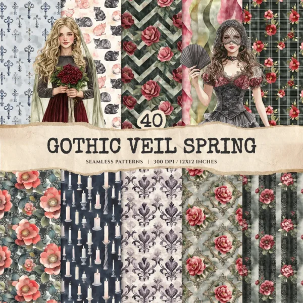 Gothic Veil Spring Seamless Patterns, Haunted Floral JPEG, Gothic Pattern, Lace, Dark Floral Repeating Pattern, Digital Scrapbook Paper