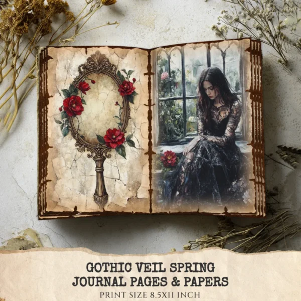 Gothic Veil Spring Junk Journal Pages & Papers – Romantic Gothic, Haunted Floral Printable, Dark Spring Scrapbook, Lace, Digital Download
