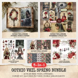 Gothic Veil Spring Mega Bundle – Haunted Floral Printables, Ephemera, Journal, Gothic Lace PNG Clipart, Seamless Pattern, Digital Download