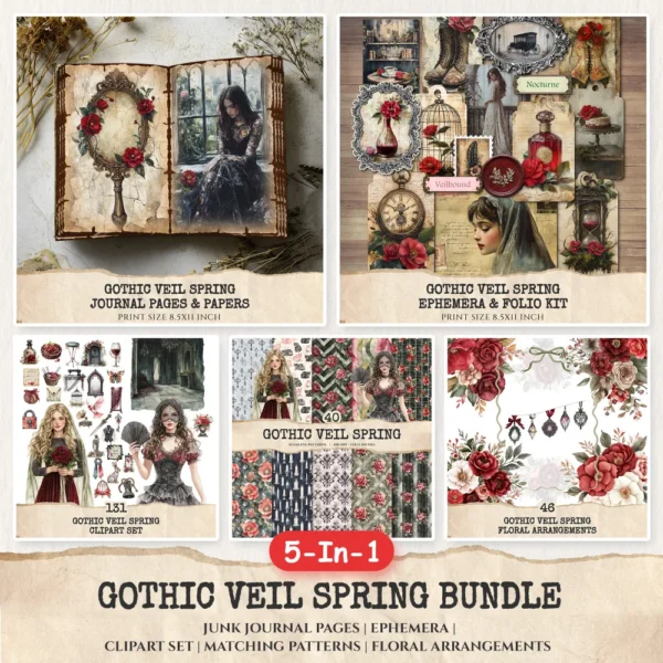Gothic Veil Spring Mega Bundle – Haunted Floral Printables, Ephemera, Journal, Gothic Lace PNG Clipart, Seamless Pattern, Digital Download