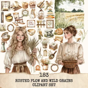 Rusted Plow and Wild Grains Clipart Set – Rustic Farm Illustrations, Masculine Harvest Graphics, Vintage Farmhouse, Harvest,Digital download