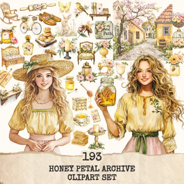 Honey Petal Archive Clipart Set – Vintage Botanical Illustrations, Antique Floral Graphics, Springtime, Spring Peony, Digital download