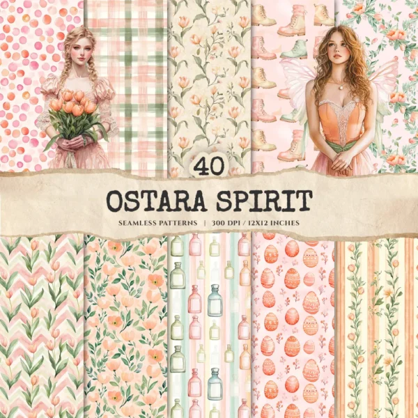 Ostara Spirit Seamless Patterns, Pagan Equinox JPEG, Tulips Pattern, Egg, Rabbit, Florals, Herbs Repeating Pattern, Digital Scrapbook Paper