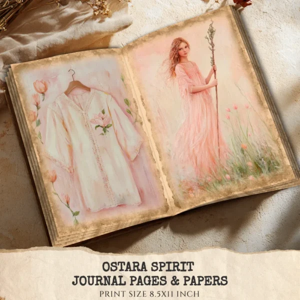 Ostara Spirit Junk Journal Pages & Papers – Pagan Spring Equinox, Goddess Ritual Printable, Eggs, Rabbits, Scrapbook, Digital Download
