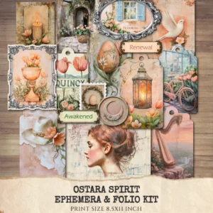Ostara Spirit Ephemera & Folio Kit – Pagan Spring Equinox, Goddess Ritual Printables, Eggs, Rabbits, Florals Tags, Kits, Digital Download