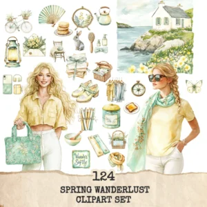 Spring Wanderlust Clipart Set – Countryside PNG Illustrations, Pastel Travel, Springtime Graphics, Bicycle, Wildflowers, Digital Download