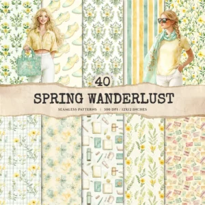 Spring Wanderlust Seamless Patterns, Spring Travel JPEG, Bicycle Pattern, Cottage, Wildflowers Repeating Pattern, Digital Scrapbook Paper