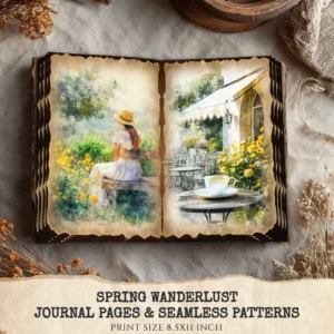 Spring Wanderlust Junk Journal Pages & Papers – Countryside Travel, Springtime Printable, Wildflowers Scrapbook, Farmhouse, Digital Download