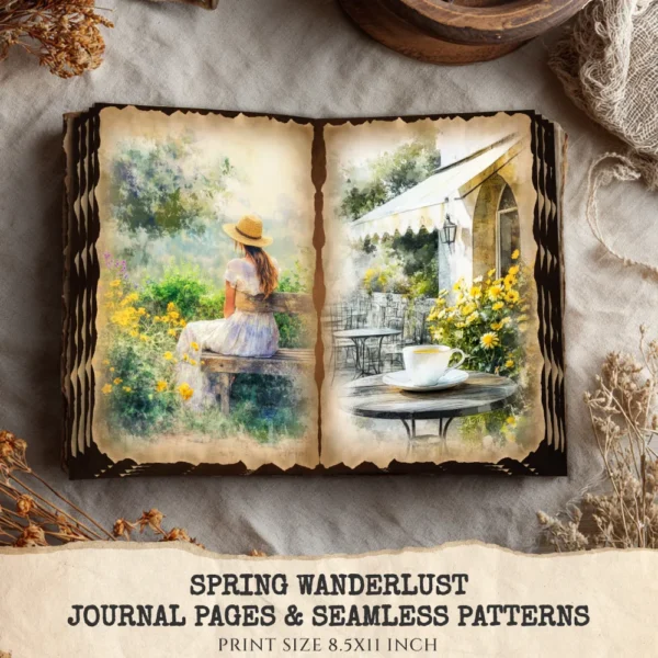 Spring Wanderlust Junk Journal Pages & Papers – Countryside Travel, Springtime Printable, Wildflowers Scrapbook, Farmhouse, Digital Download