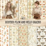 Rusted Plow and Wild Grains Seamless Patterns, Farmhouse JPEG, Harvest Pattern, Spring Grain Repeating Pattern, Digital Scrapbook Paper