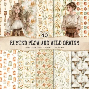 Rusted Plow and Wild Grains Seamless Patterns, Farmhouse JPEG, Harvest Pattern, Spring Grain Repeating Pattern, Digital Scrapbook Paper