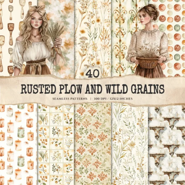Rusted Plow and Wild Grains Seamless Patterns, Farmhouse JPEG, Harvest Pattern, Spring Grain Repeating Pattern, Digital Scrapbook Paper