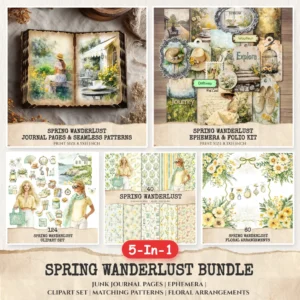 Spring Wanderlust Mega Bundle – Countryside Travel, Ephemera, Journal, Spring Wildflowers PNG Clipart, Seamless Pattern, Digital Download