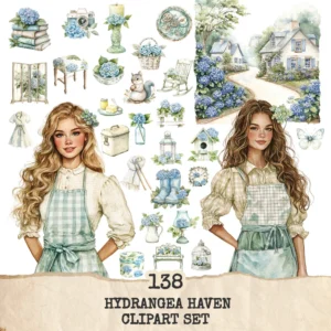 Hydrangea Haven Clipart Set – Spring Cottage Garden PNG Illustrations, Botanical, Pastel Floral, Romantic Floral Graphics, Digital Download