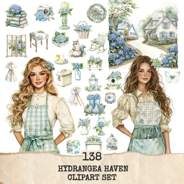 Hydrangea Haven Clipart Set – Spring Cottage Garden PNG Illustrations, Botanical, Pastel Floral, Romantic Floral Graphics, Digital Download