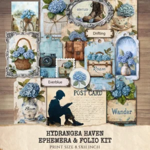 Hydrangea Haven Ephemera & Folio Kit – Spring Cottage Garden, Romantic Floral Printables, Vintage, Blue Floral Tags, Kits, Digital Download