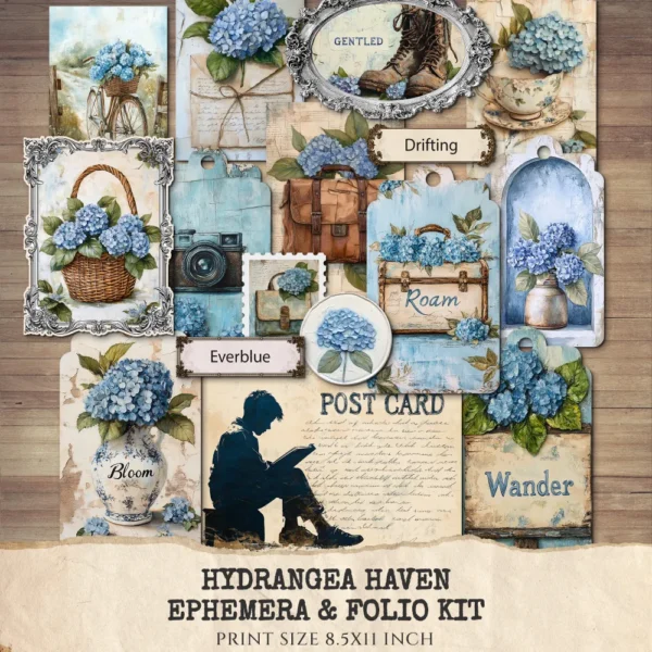 Hydrangea Haven Ephemera & Folio Kit – Spring Cottage Garden, Romantic Floral Printables, Vintage, Blue Floral Tags, Kits, Digital Download