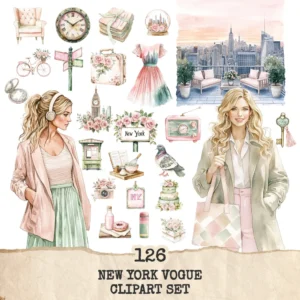 New York Vogue Clipart Set – City Travel PNG Illustrations, NYC Fashion, Pink Floral, Modern, Cityscape Graphics, Digital Download