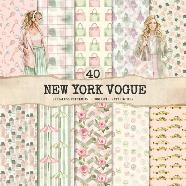 New York Vogue Seamless Patterns, Floral JPEG, Pink Roses Pattern, Fashion, Springtime, Travel Repeating Pattern, Digital Scrapbook Paper
