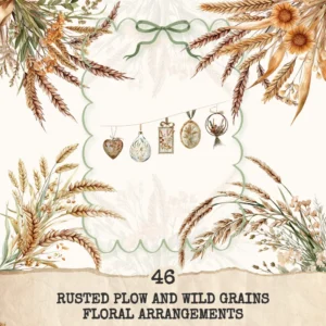 Rusted Plow and Wild Grains Floral Arrangements, Barley Grass PNG, Dried Bouquet, Spring Grain Art, Floral Decor, Ornaments,Digital download