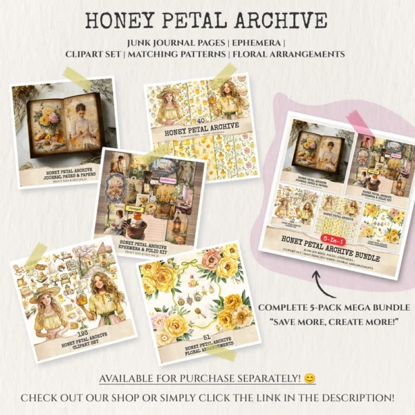 Honey Petal Archive Mega Bundle – Vintage Botanical Printables, Ephemera, Peony, Journal, PNG Clipart, Seamless Pattern, Digital Download